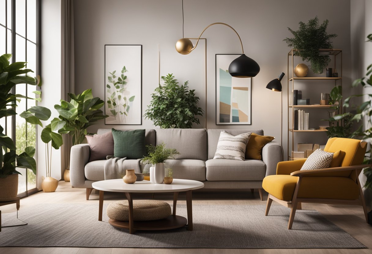 A cozy living room with modern furniture, warm lighting, and a pop of color. Plants and artwork add personality, while the layout promotes comfort and functionality