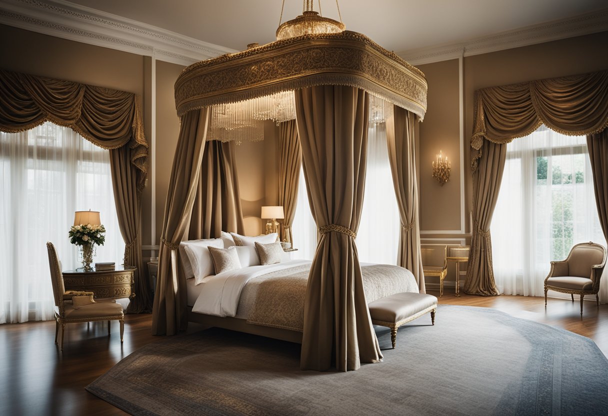 A lavish bedroom with a grand canopy bed, opulent silk drapes, and ornate chandeliers exudes luxury and sophistication. Rich textures and elegant furnishings create an atmosphere of indulgence and comfort