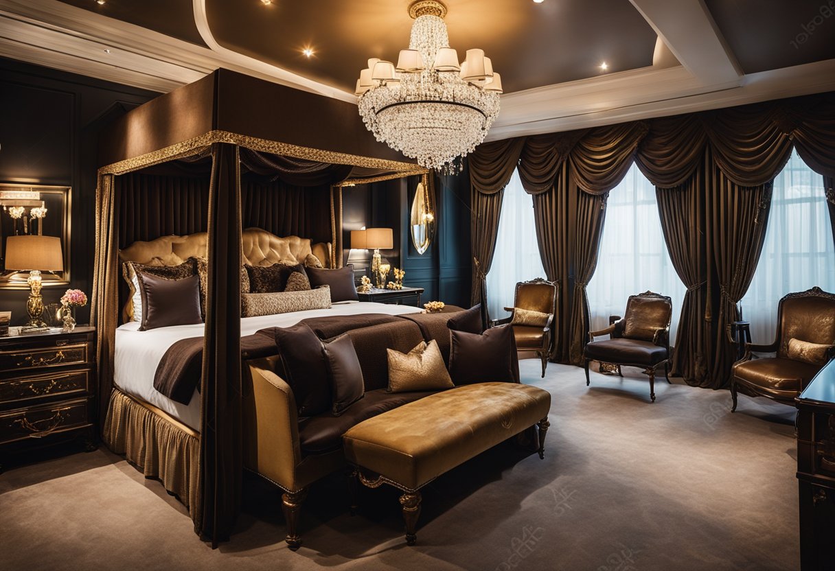 A luxurious bedroom with a grand four-poster bed, opulent silk drapes, intricate chandeliers, and ornate furniture. Rich, deep colors and plush textures exude elegance and sophistication