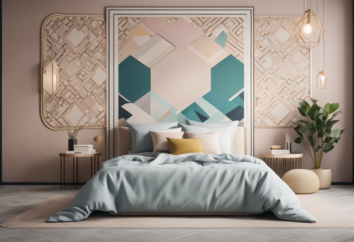 A bedroom wall adorned with geometric patterns in pastel colors. A large tapestry hangs in the center, surrounded by small framed artworks