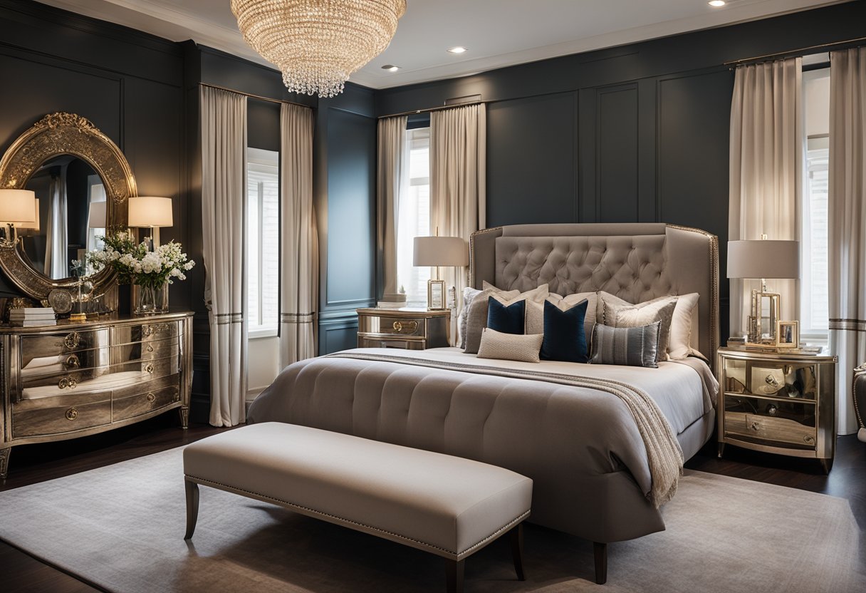 A luxurious bedroom with elegant furniture, plush bedding, and opulent decor. Rich colors and high-end finishes create a lavish and sophisticated atmosphere