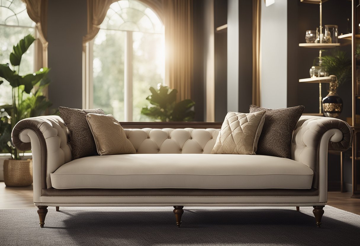 A custom-made sofa sits in a luxuriously appointed room, surrounded by unique, handcrafted furnishings and personalized design elements
