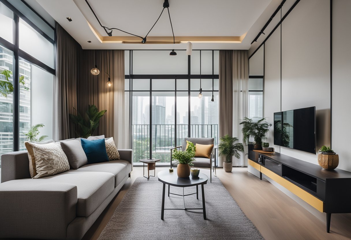 A cozy, minimalist interior with sleek furniture, natural light, and pops of color. Singaporean influences are evident in the use of traditional patterns and materials