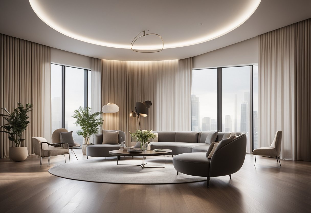 A circular room with sleek, modern furniture and minimalist decor. Soft, ambient lighting illuminates the space, creating a serene and inviting atmosphere