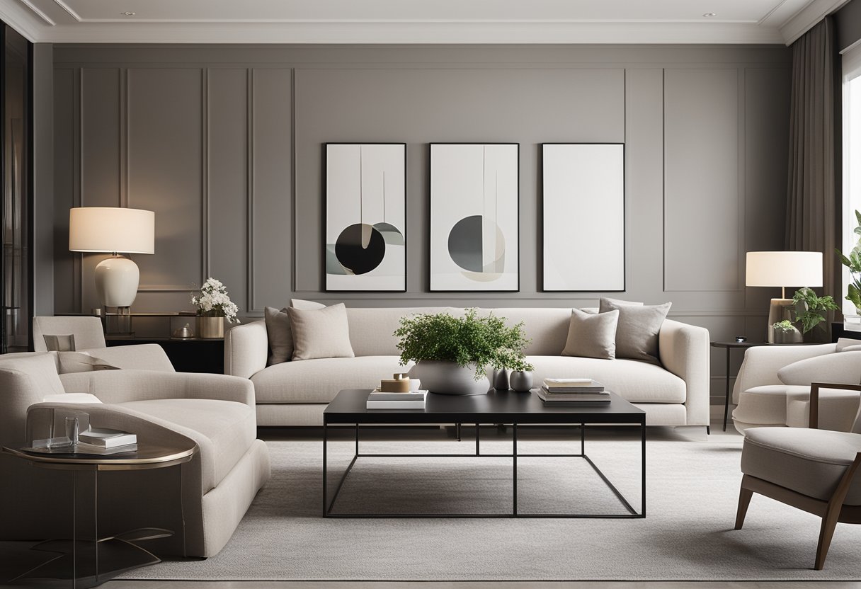 A sleek, modern living room with clean lines, a neutral color palette, and strategically placed accent pieces for a sophisticated and inviting atmosphere