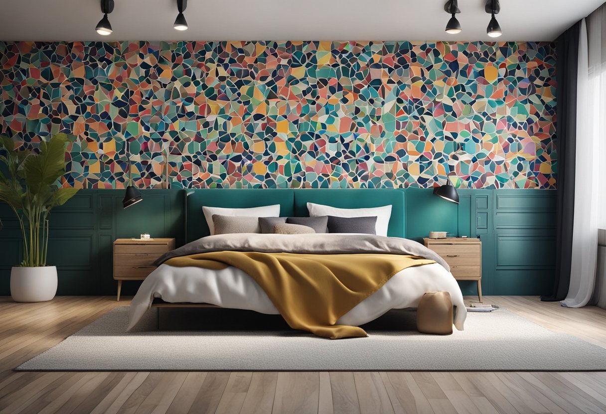 A bedroom wall adorned with colorful paint and wallpaper, creating a modern and stylish design