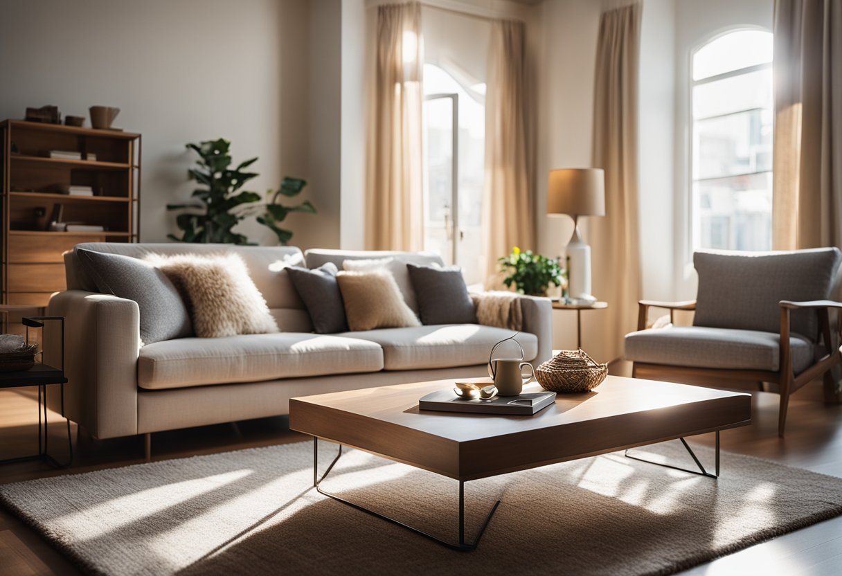 A cozy living room with a plush sofa, coffee table, and soft area rug. Sunlight streams through the window, casting a warm glow on the room