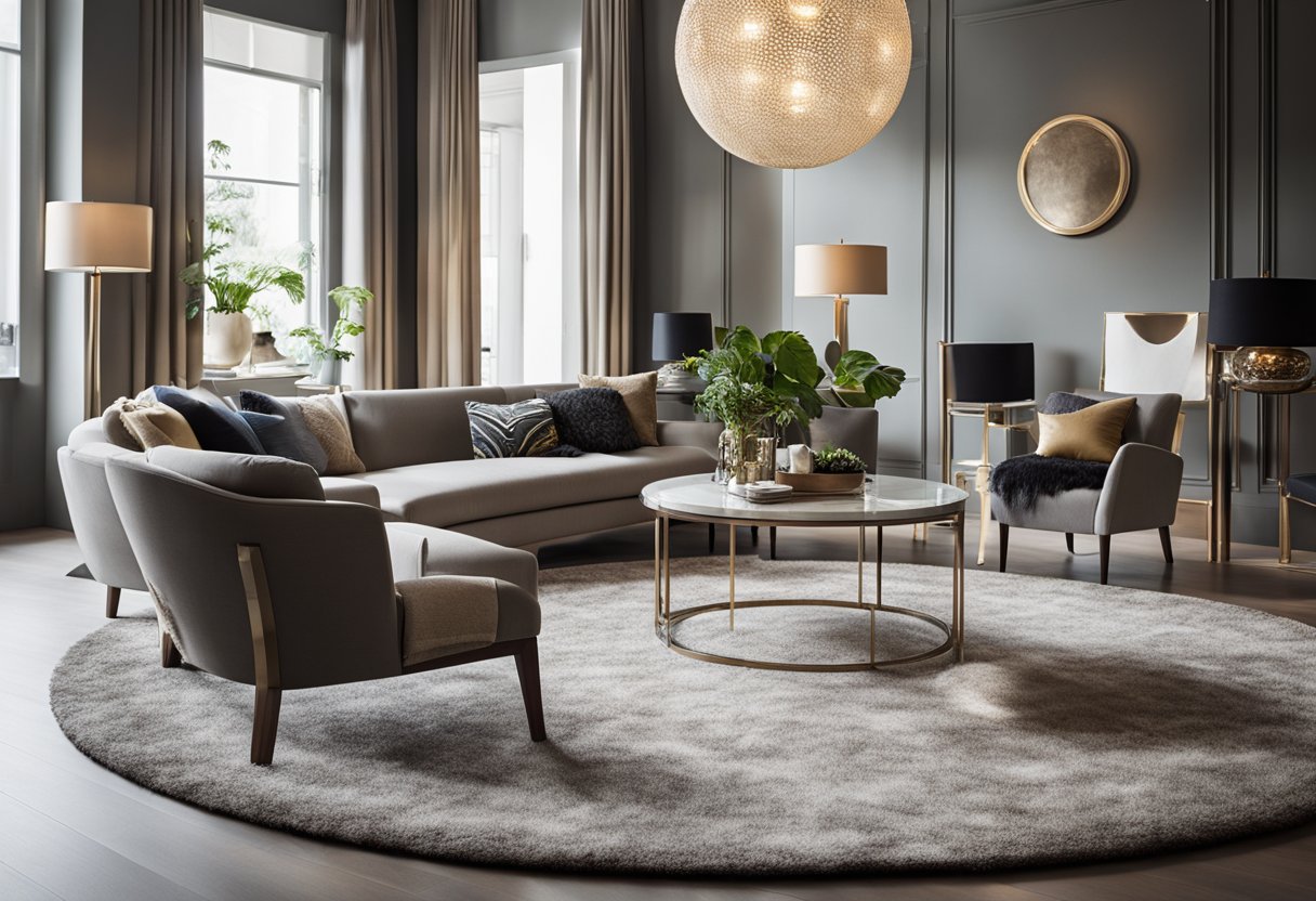 A circular rug sits beneath a round glass coffee table, surrounded by curved chairs and a spherical pendant light, creating a harmonious circle in the interior design