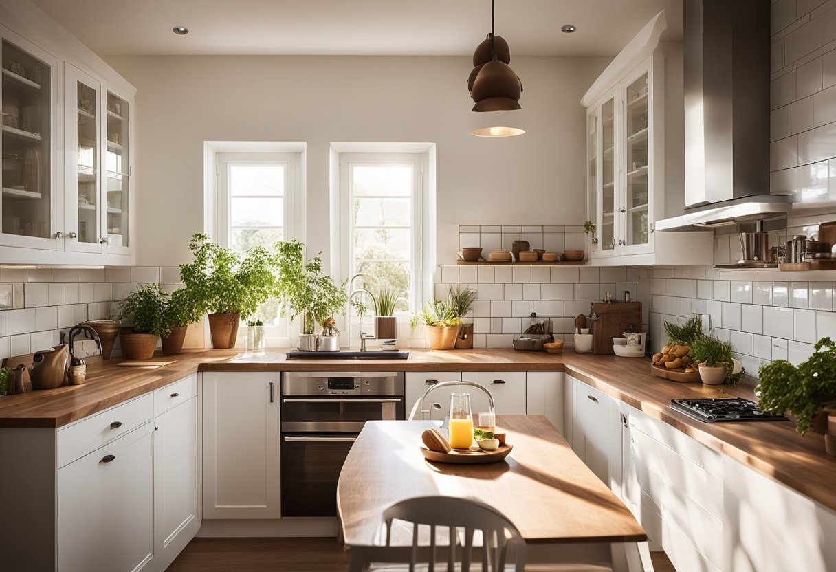 A cozy kitchen with white cabinets, wooden countertops, and a small dining area. Sunlight streams in through a window, casting a warm glow over the space