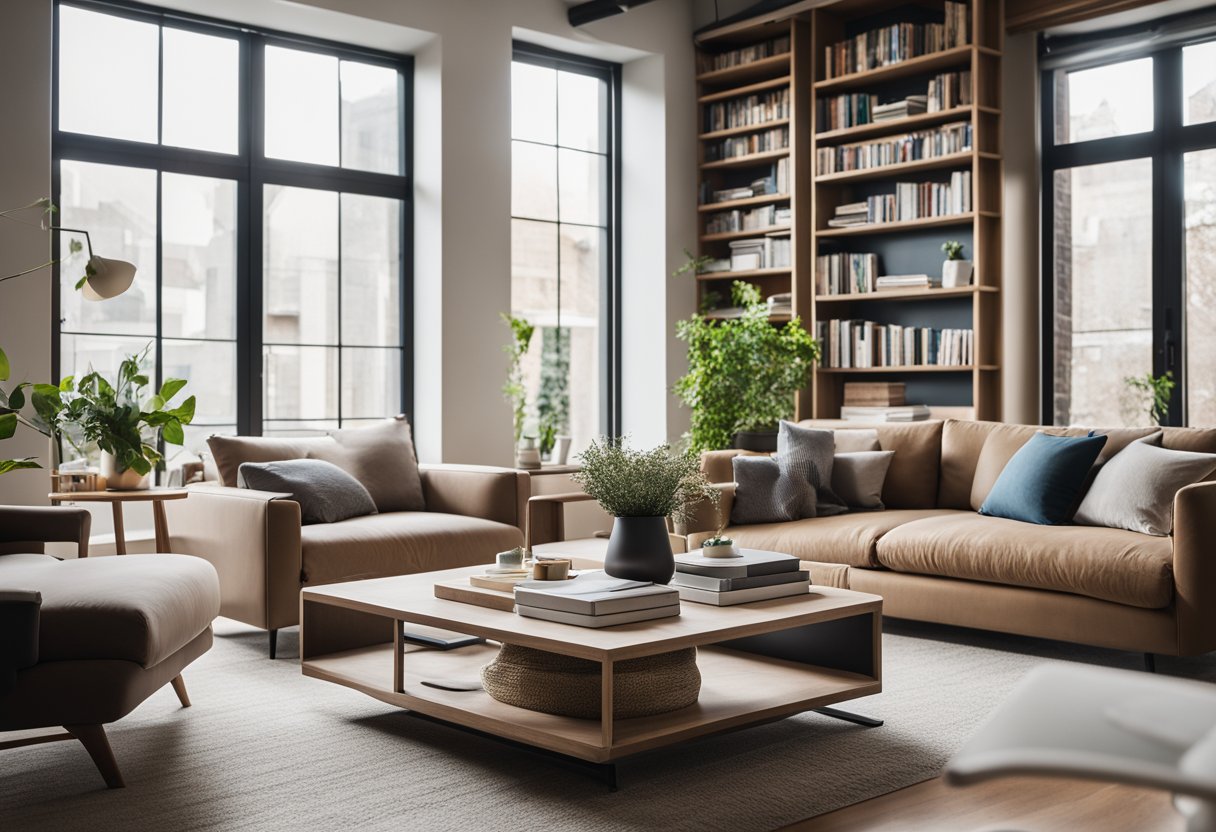 A cozy living room with a modern, minimalist design. A comfortable seating area with a sleek coffee table and a bookshelf filled with design books. A large window lets in natural light, creating a welcoming space for users to explore FAQs