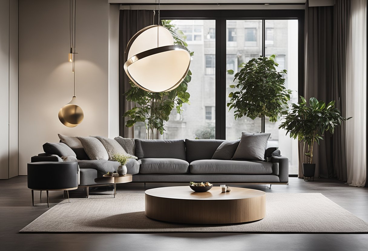 A modern living room with circular furniture, clean lines, and minimalist decor. A large circular rug anchors the space, while a sleek circular coffee table and pendant light add to the aesthetic