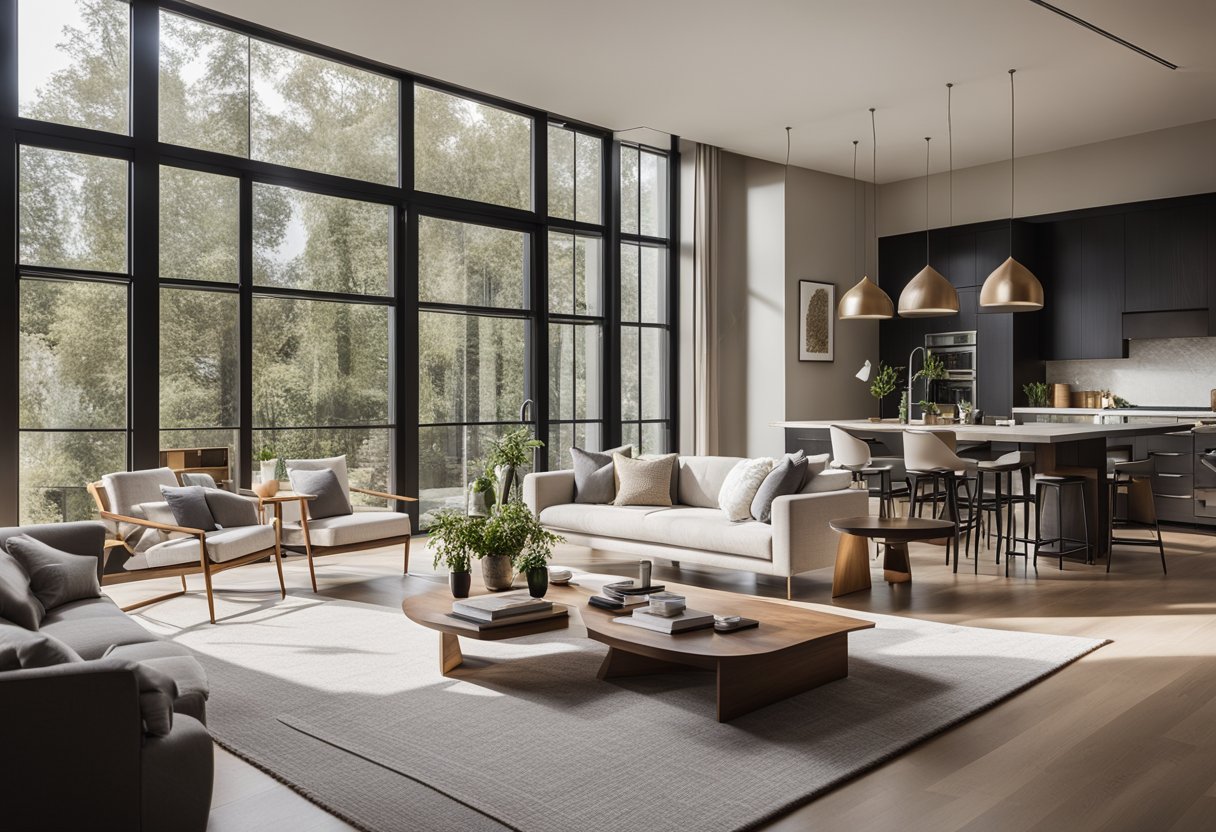 An open-concept living room with modern furniture, neutral color palette, and natural light pouring in through large windows