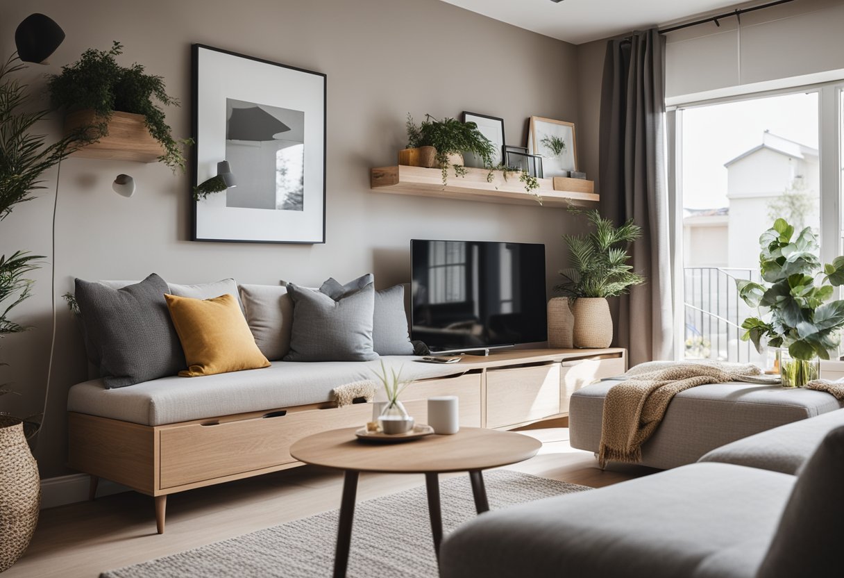 A cozy living room with multifunctional furniture, clever storage solutions, and space-saving design elements. Bright, neutral colors and natural light create a welcoming atmosphere