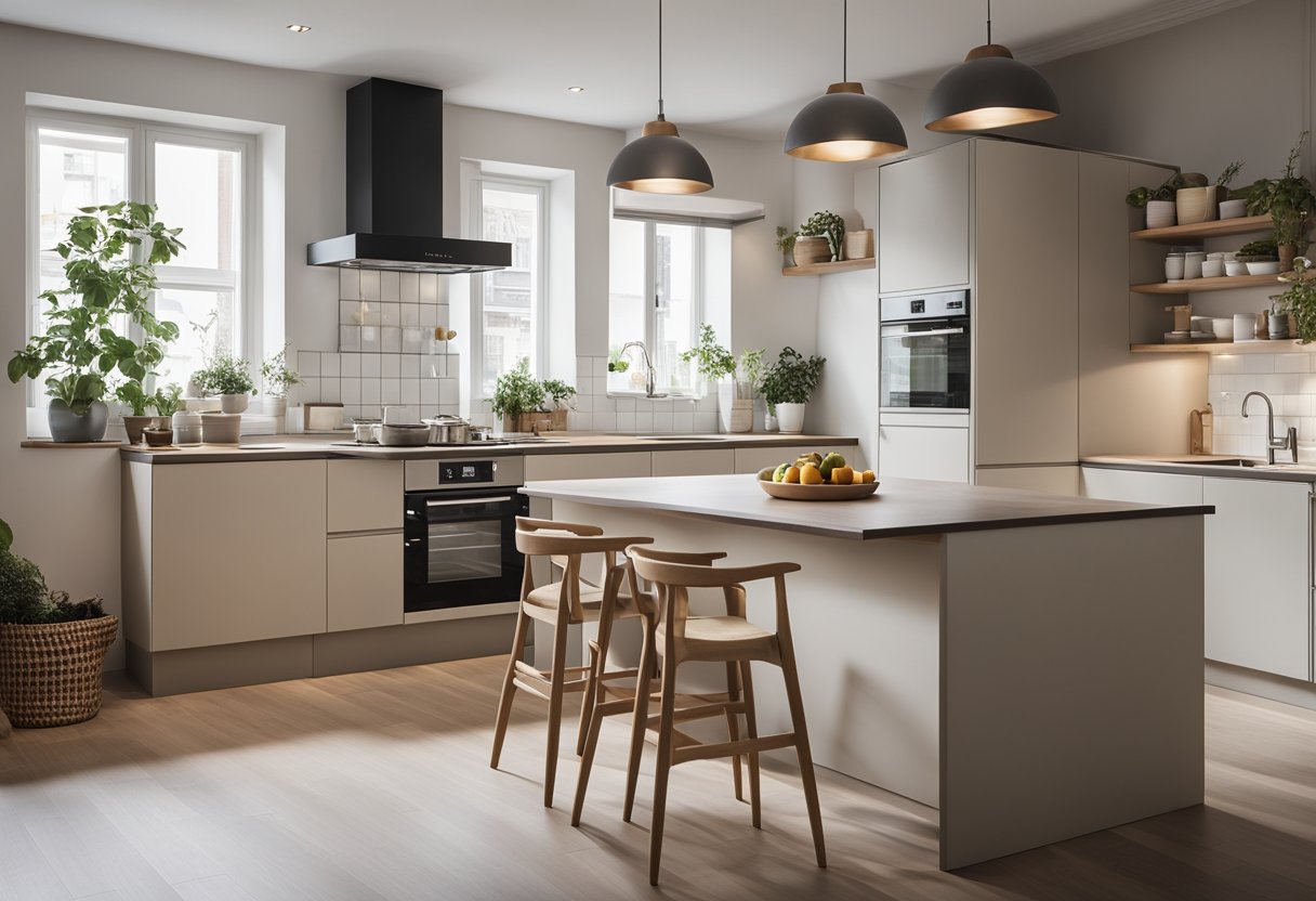 A cozy kitchen with minimalistic design, featuring clean lines, neutral colors, and efficient storage solutions. A small dining area is adjacent to the kitchen