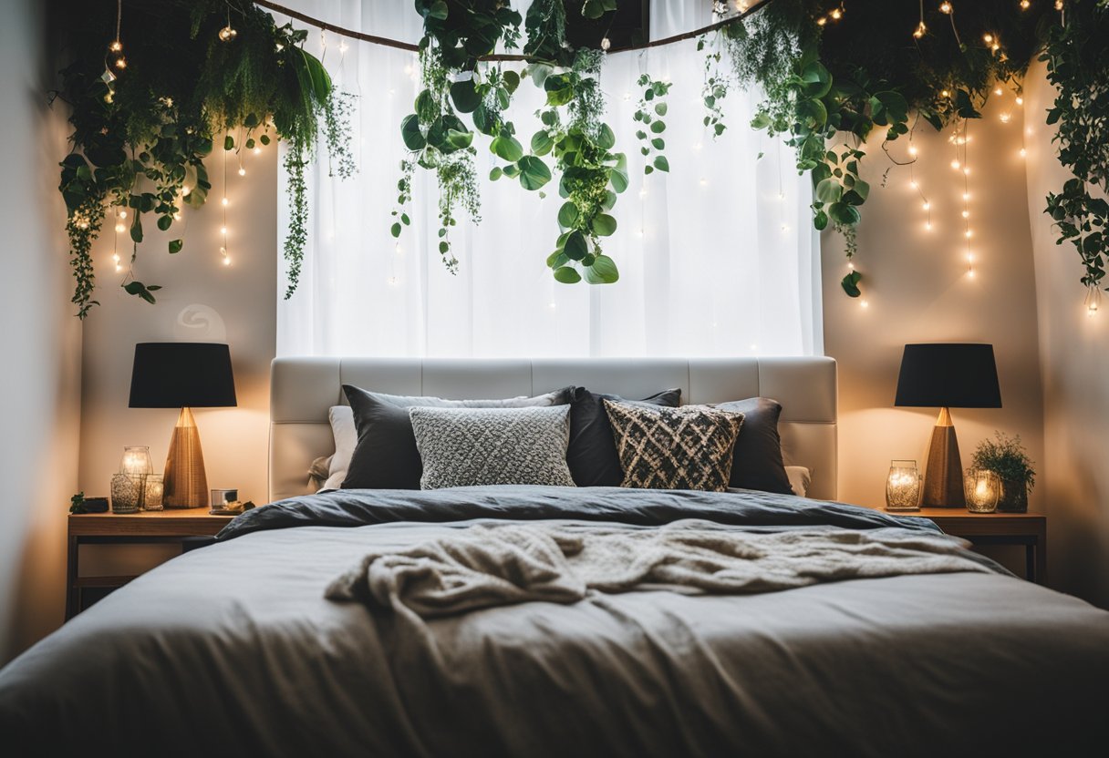 The bedroom walls are adorned with eclectic art pieces, hanging plants, and string lights, creating a cozy and vibrant atmosphere