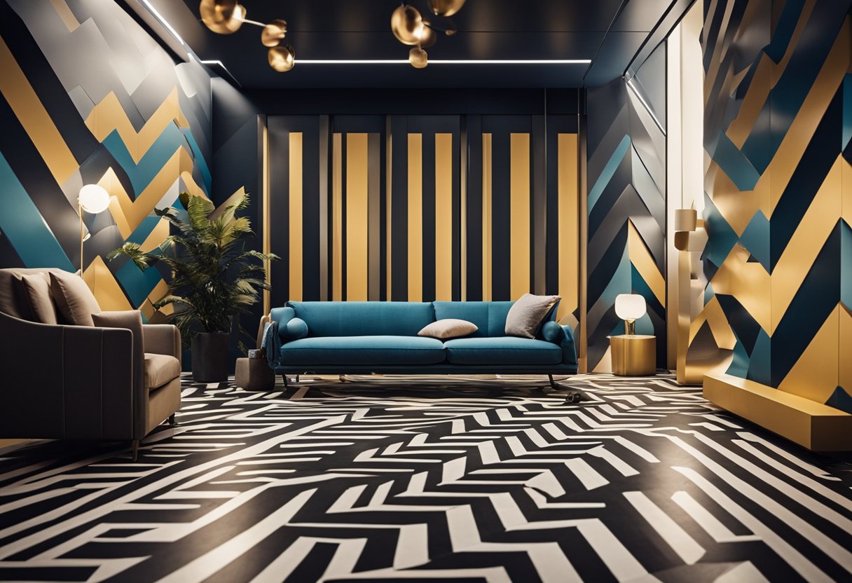 The room features bold, angular lines and patterns, creating a dynamic and energetic atmosphere. The zig zag motif is repeated in the furniture, flooring, and decor, adding a sense of movement and modernity