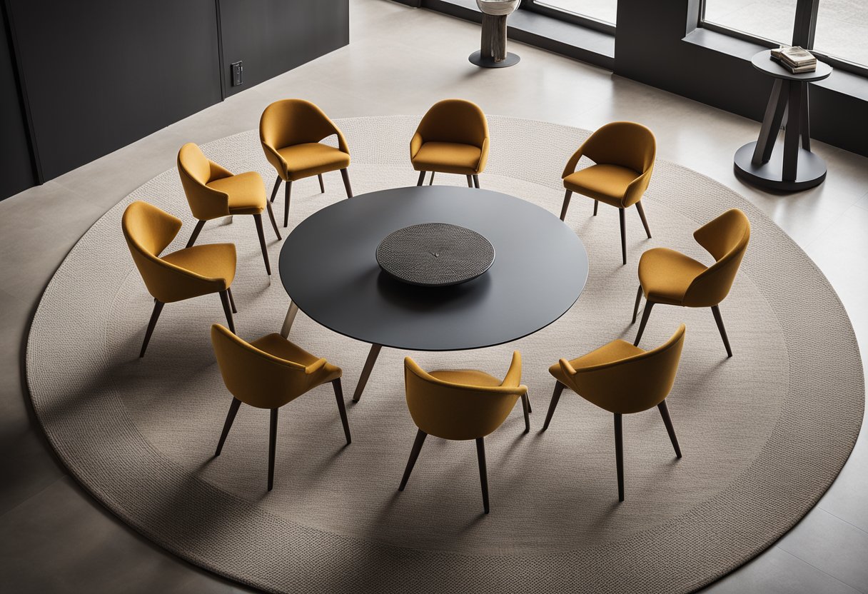 A circle of chairs arranged in a cozy, well-lit room with a modern, minimalist aesthetic. A large, circular rug anchors the space, and a sleek, circular table sits in the center