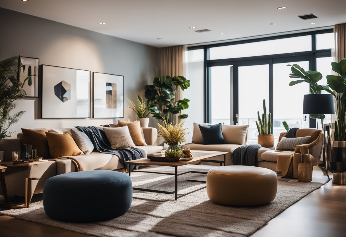 A cozy living room with modern furniture, warm lighting, and vibrant decor. The space exudes a welcoming and stylish atmosphere, perfect for relaxation and social gatherings