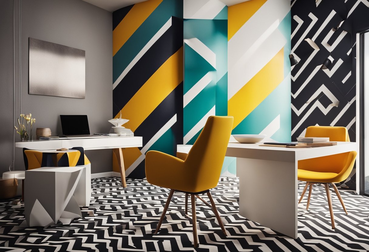 A room with zig-zag patterned wallpaper, geometric furniture, and bold color accents. Light streams in through large windows, casting dynamic shadows