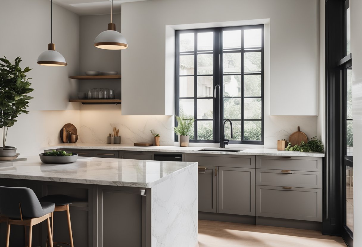 A cozy, minimalist kitchen with clean lines, neutral colors, and natural light streaming through the window. A marble countertop and sleek appliances complete the modern look
