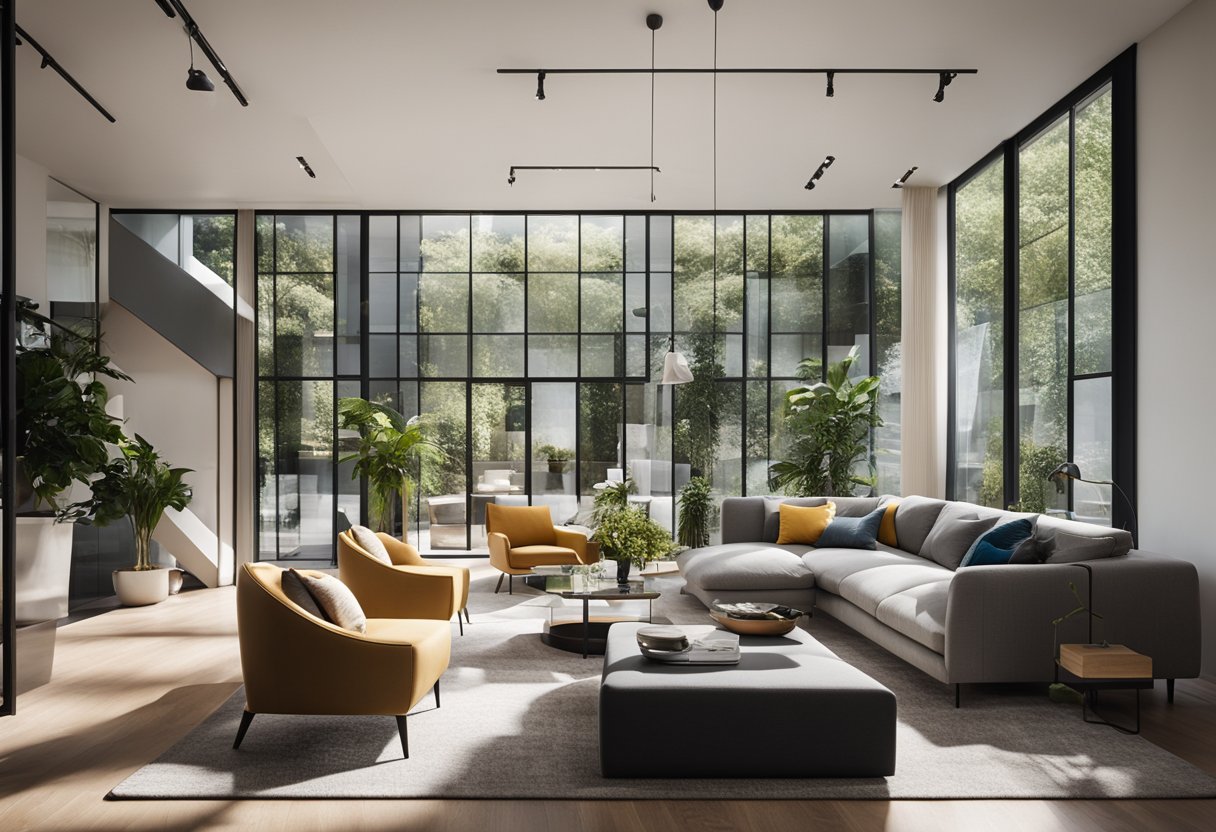 A modern living room with sleek furniture, pops of color, and natural light pouring in through large windows