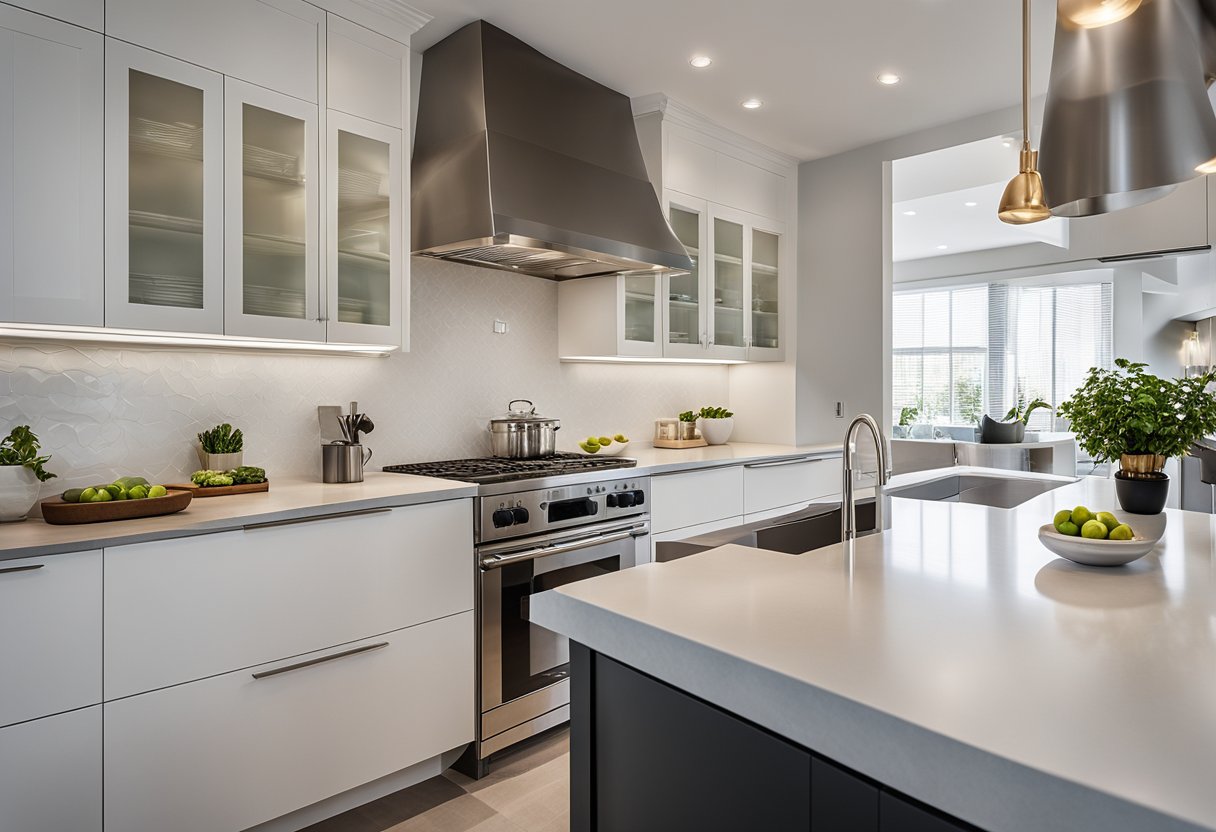 A clean, modern kitchen with sleek countertops, minimalist cabinets, and stainless steel appliances. Natural light floods the space, highlighting the simple yet functional design