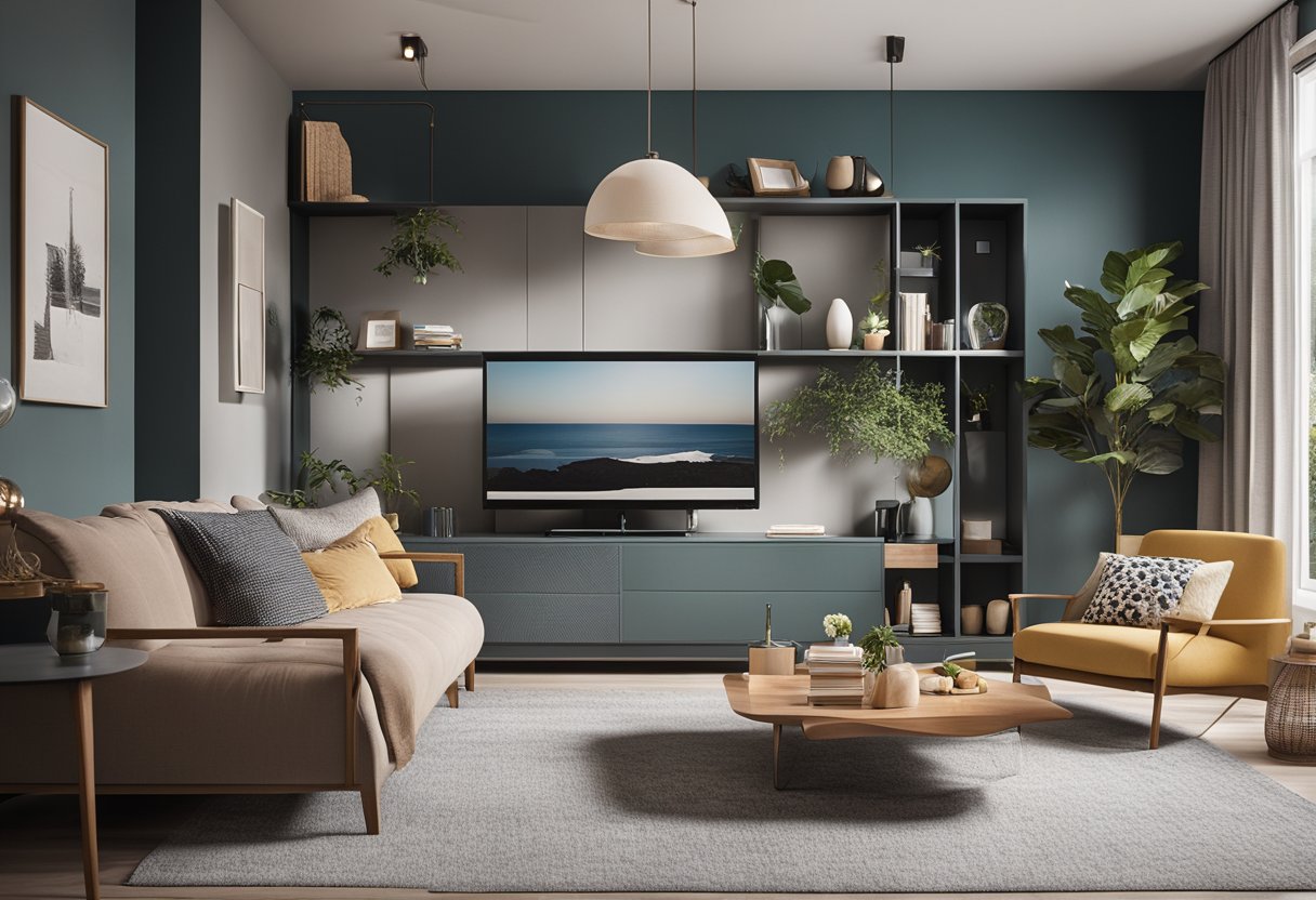 A cozy living room with modern furniture, natural light, and pops of color. Functional storage solutions and sleek design elements create a stylish and practical space