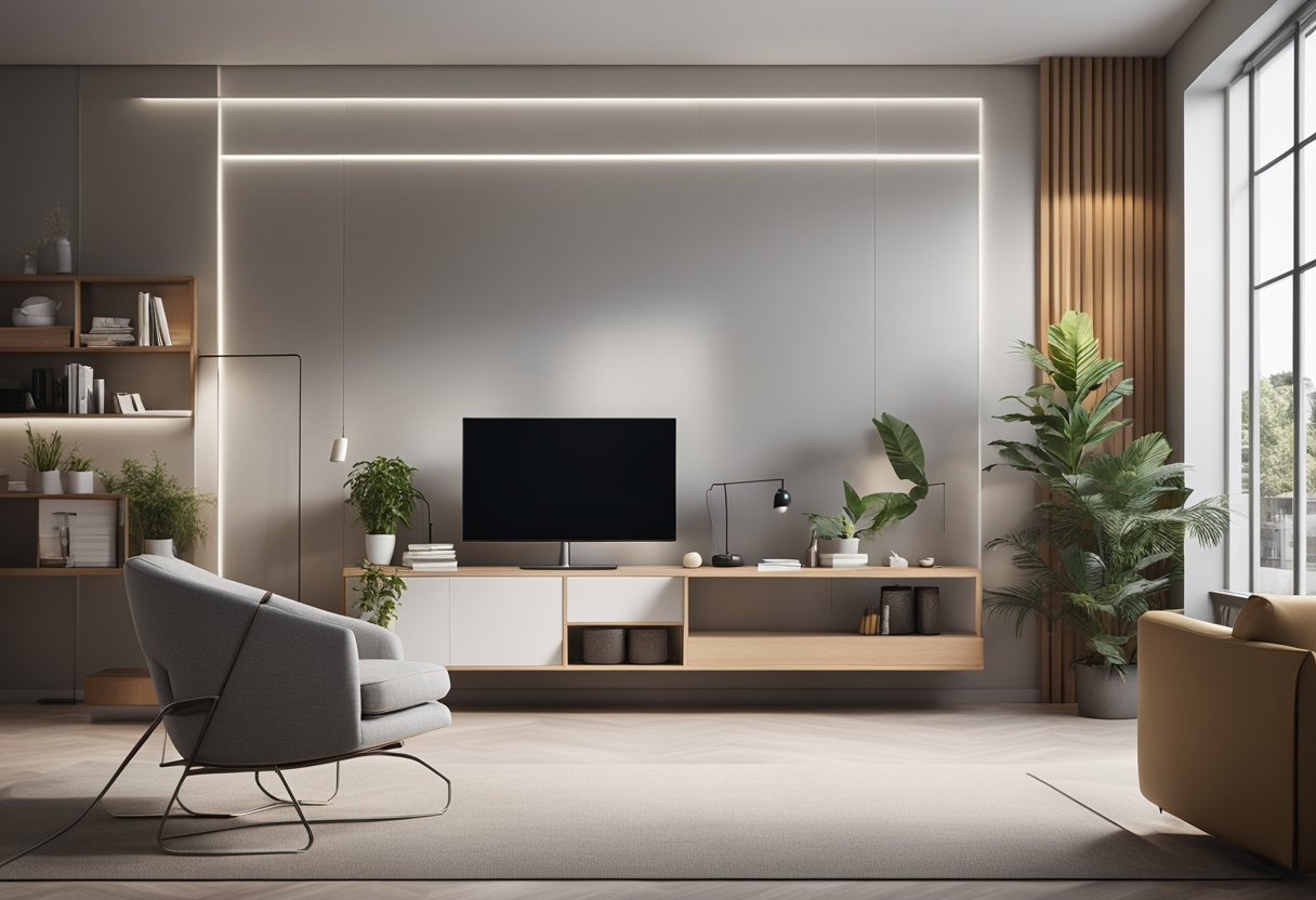 A modern, minimalist interior space with clean lines and stylish furniture. A computer displaying Adobe Illustrator open with interior design templates