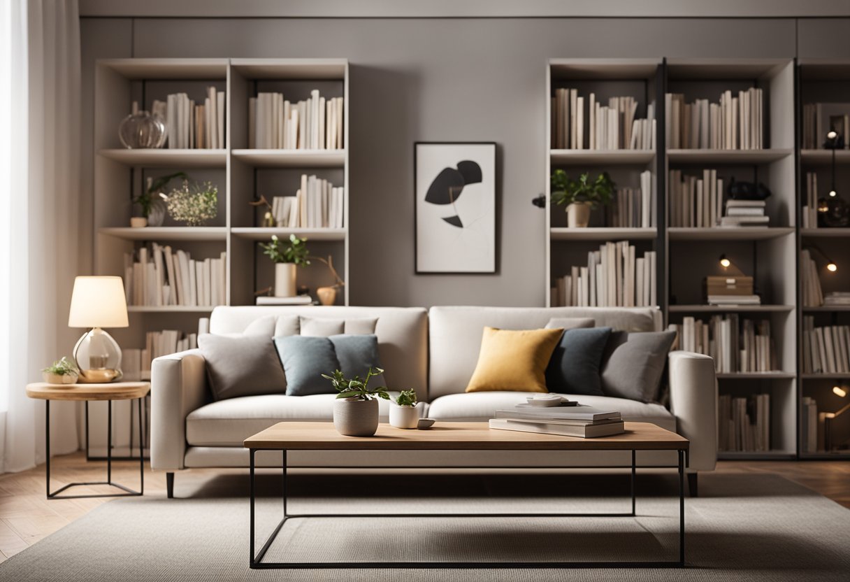 A cozy living room with modern furniture, warm lighting, and a neutral color scheme. A bookshelf filled with books, a comfortable sofa, and a coffee table complete the inviting space