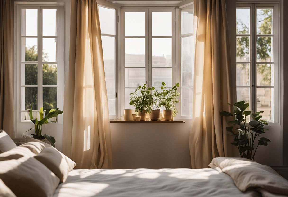 A bedroom with a French window, sunlight streaming in, and billowing curtains