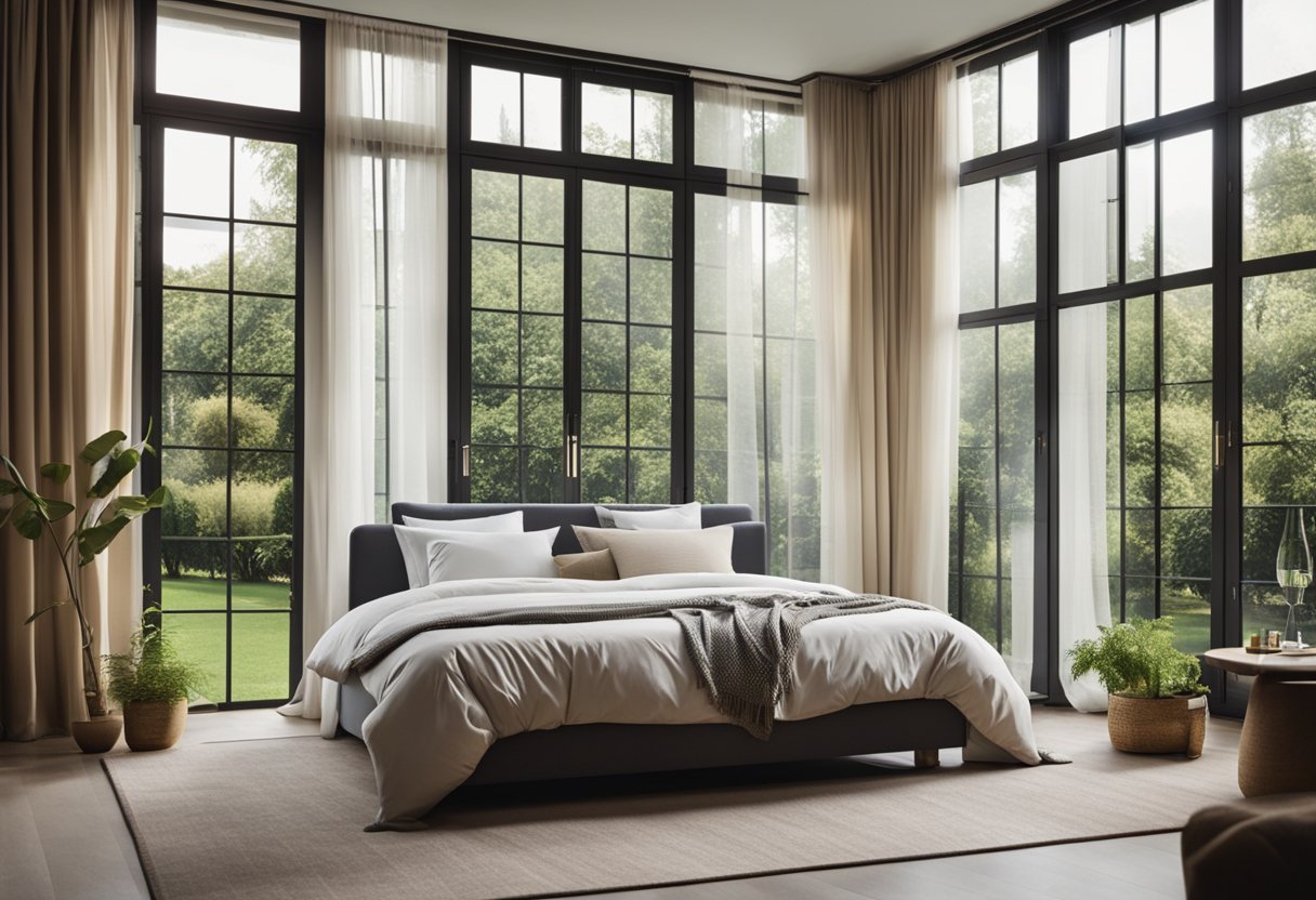 A bedroom with French windows overlooking a garden. Cozy bed, soft curtains, and elegant furniture