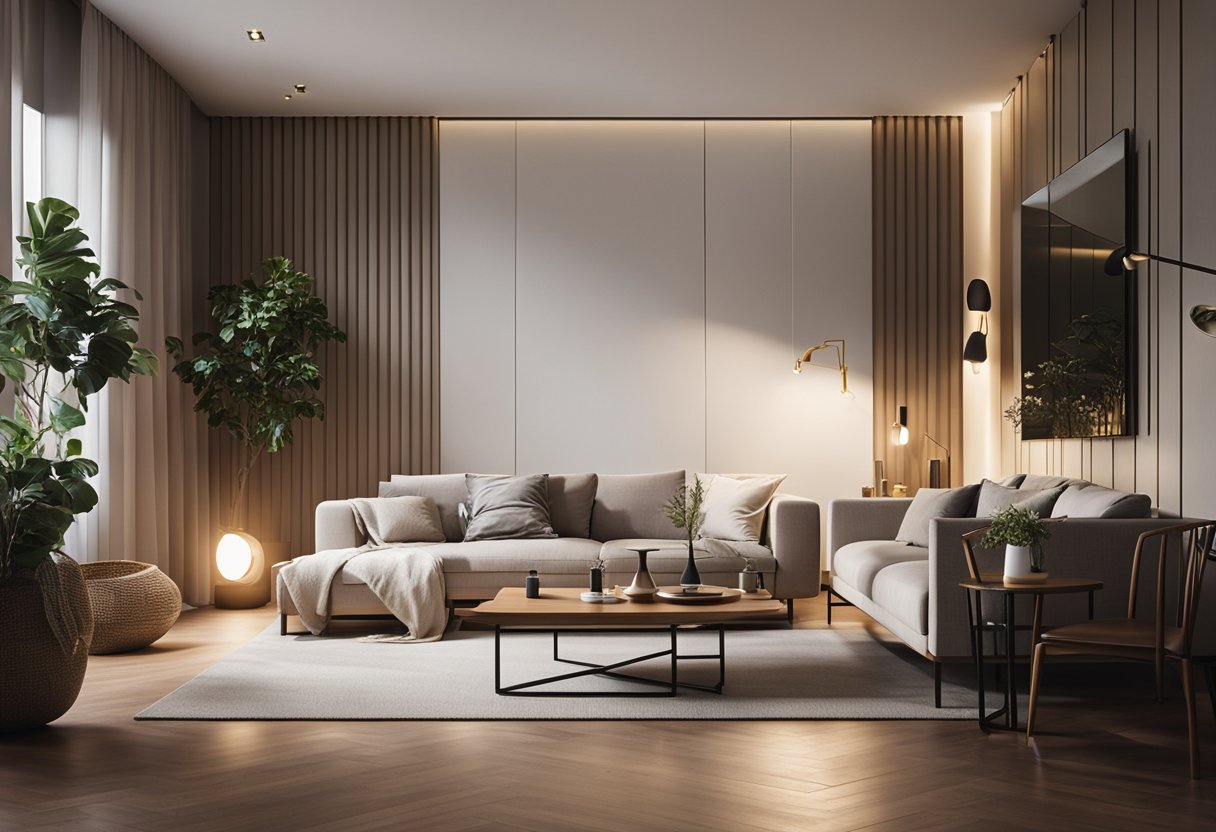 A cozy living room with modern furniture, warm lighting, and a small dining area. Clean lines and minimalistic decor create a sense of space and comfort