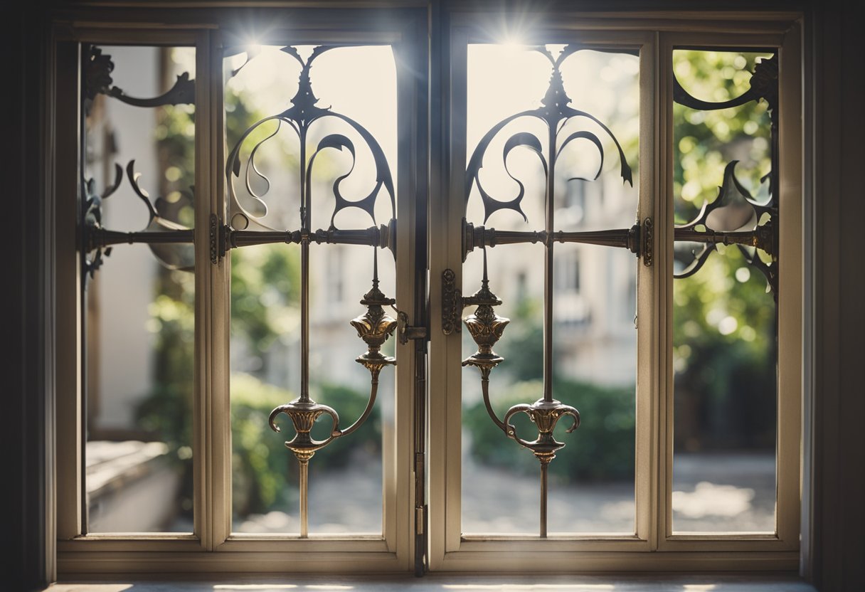 A French window with ornate metal handles opens onto a bedroom, allowing natural light to flood the room