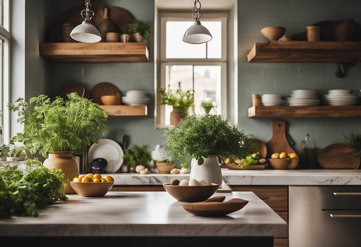 An Italian kitchen with marble countertops, wooden cabinets, and a rustic dining table with hanging pendant lights. A large window lets in natural light, and a vase of fresh herbs sits on the counter