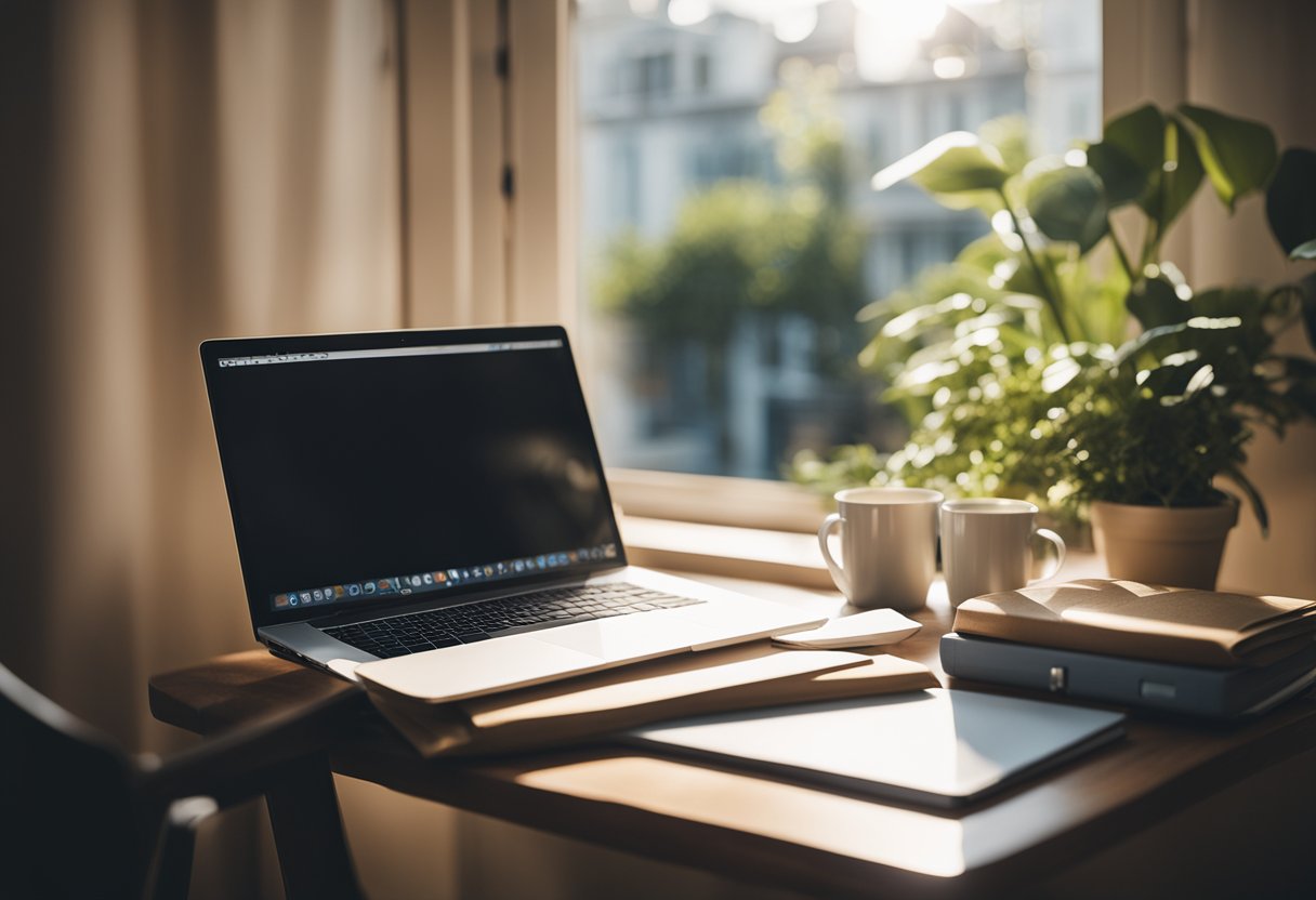 A bedroom with a French window, sunlight streaming in, cozy bed, and a small desk with a laptop and a stack of papers