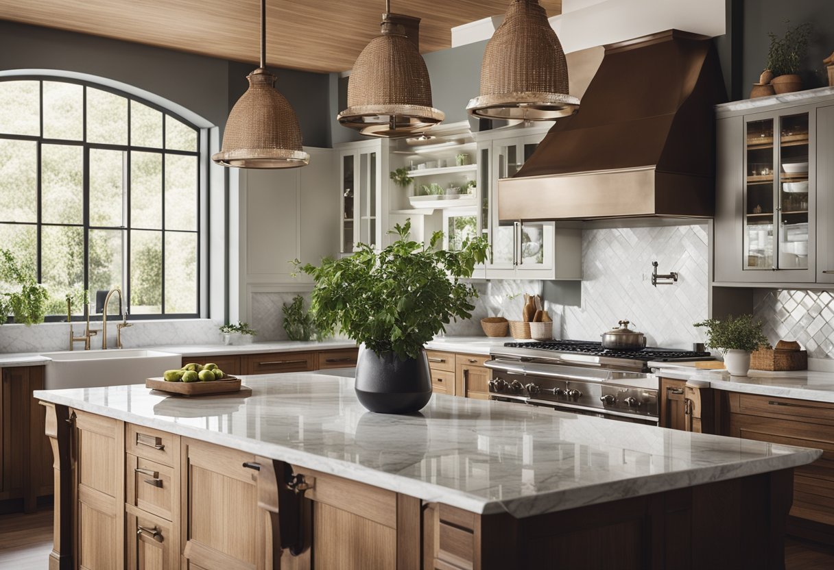 A spacious Italian kitchen with marble countertops, wooden cabinets, and a large island. Natural light floods in through the windows, highlighting the sleek appliances and rustic decor