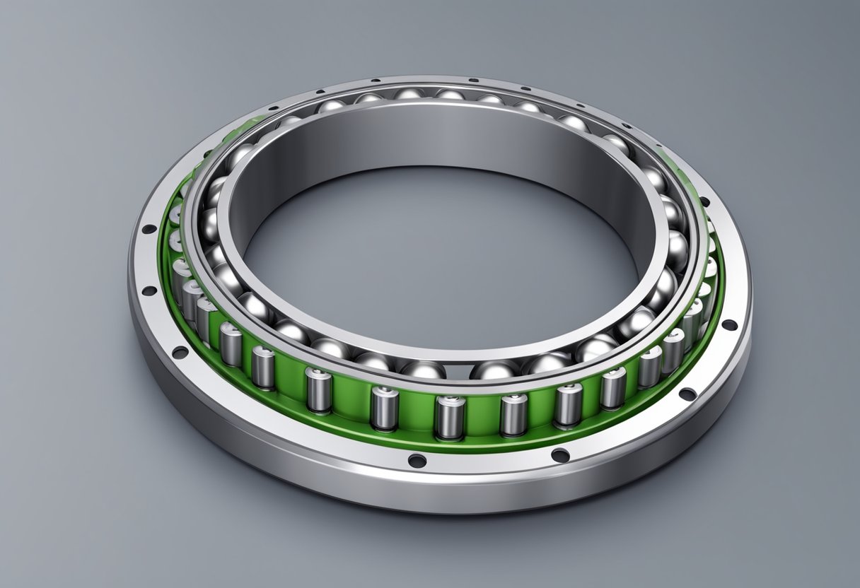 A ball bearing slewing ring rotates smoothly on its axis, with multiple rows of ball bearings visible within the circular track