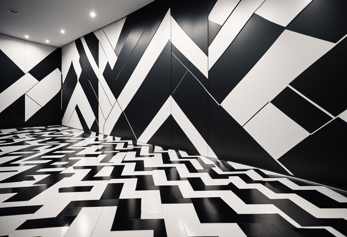 A modern, minimalist interior with bold zigzag patterns on walls and floors, creating a dynamic and visually striking space