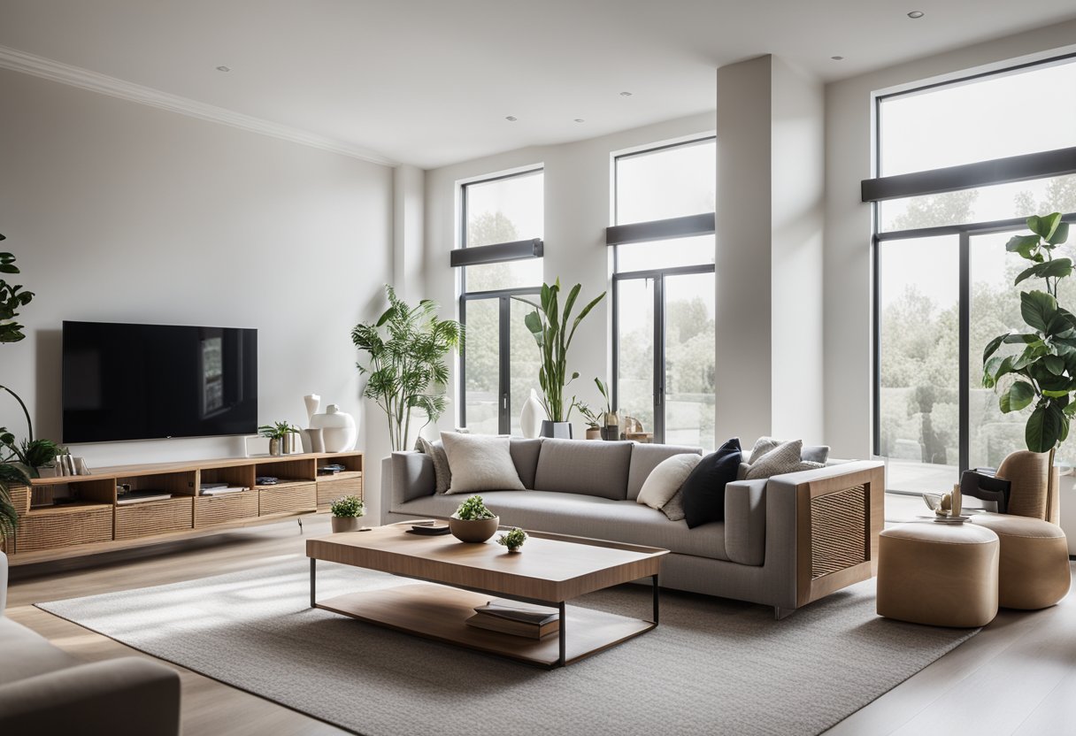 A spacious living room with clean lines, minimalistic furniture, and neutral colors. Large windows allow natural light to fill the room, and there are subtle pops of color in the decor