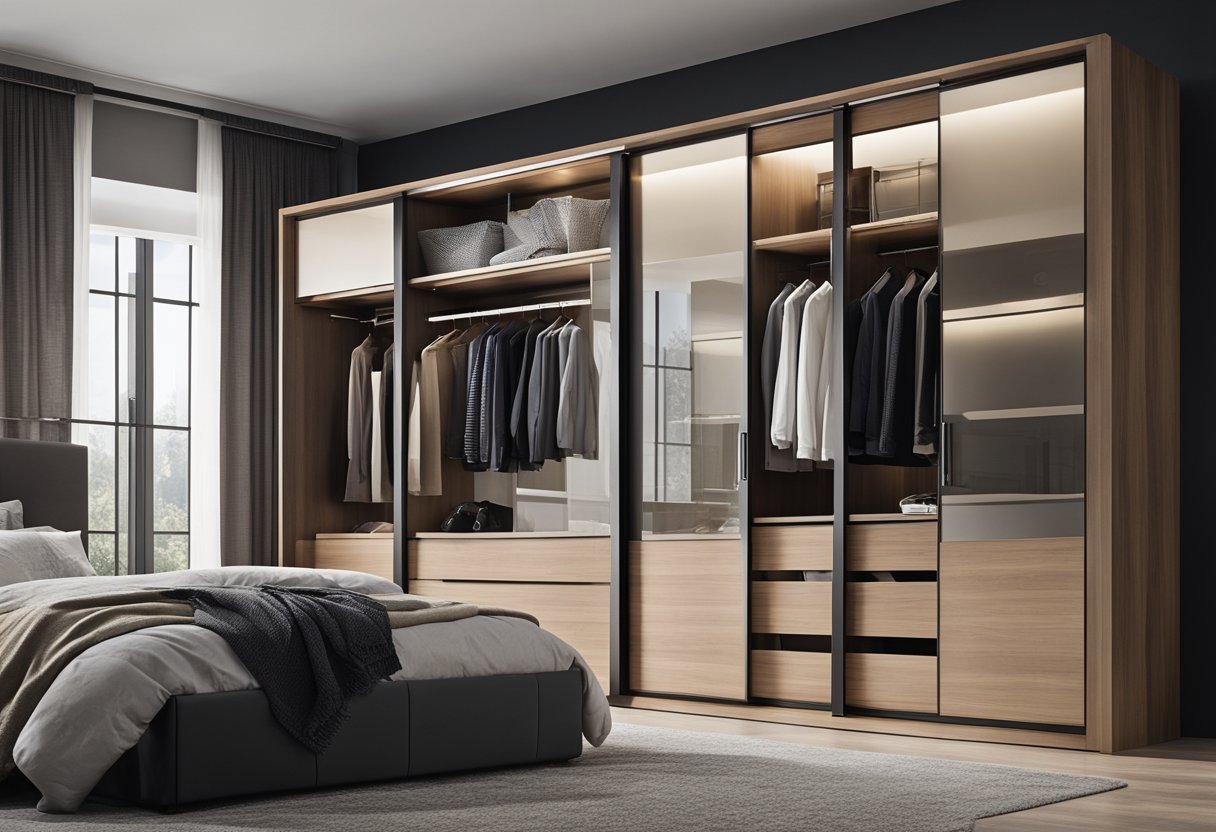A modern bedroom wardrobe with sliding doors and built-in shelves and drawers, with a sleek and minimalist design