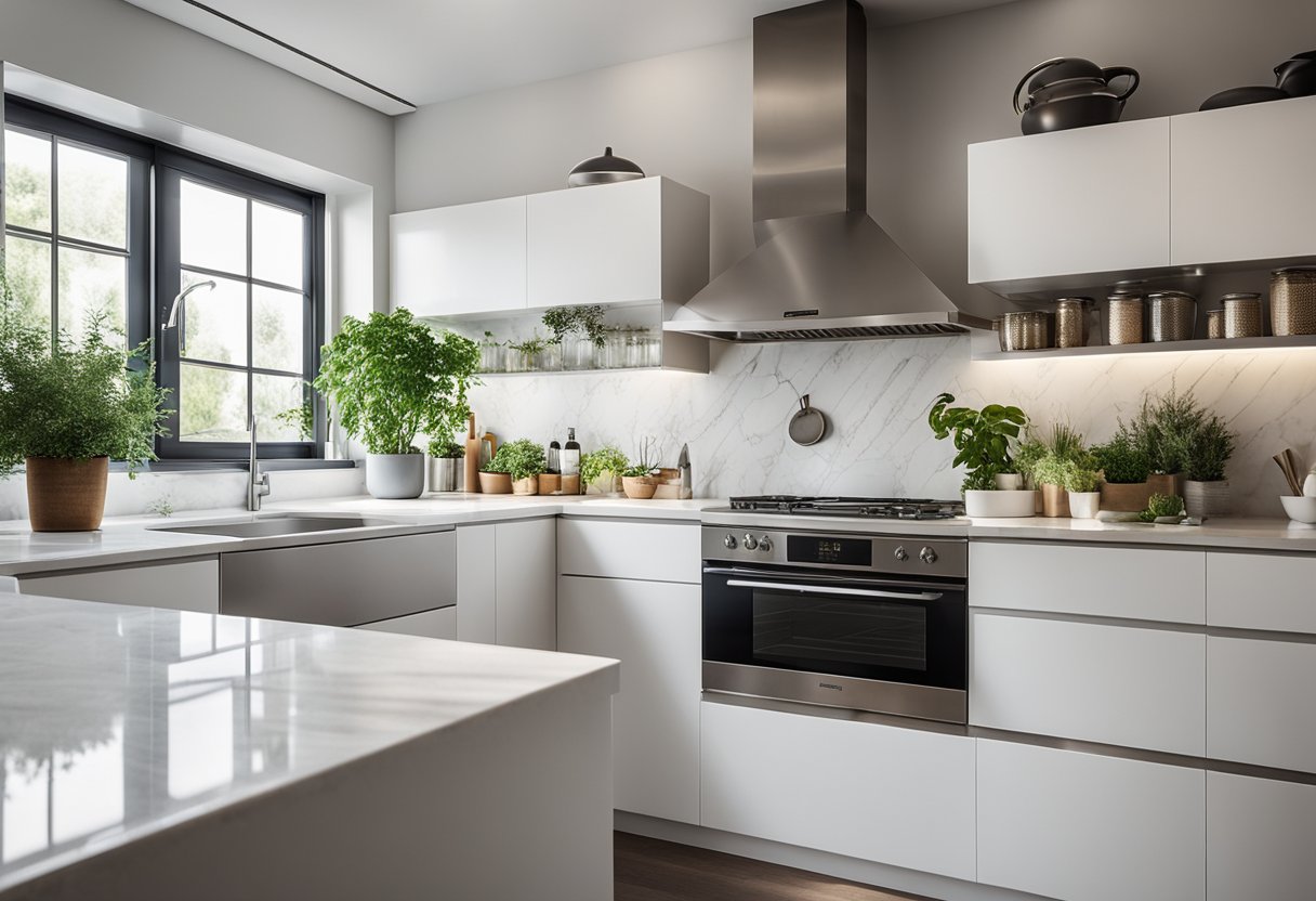 A modern Italian kitchen with sleek, white cabinets, marble countertops, and stainless steel appliances. A large window allows natural light to fill the space, while potted herbs add a touch of greenery