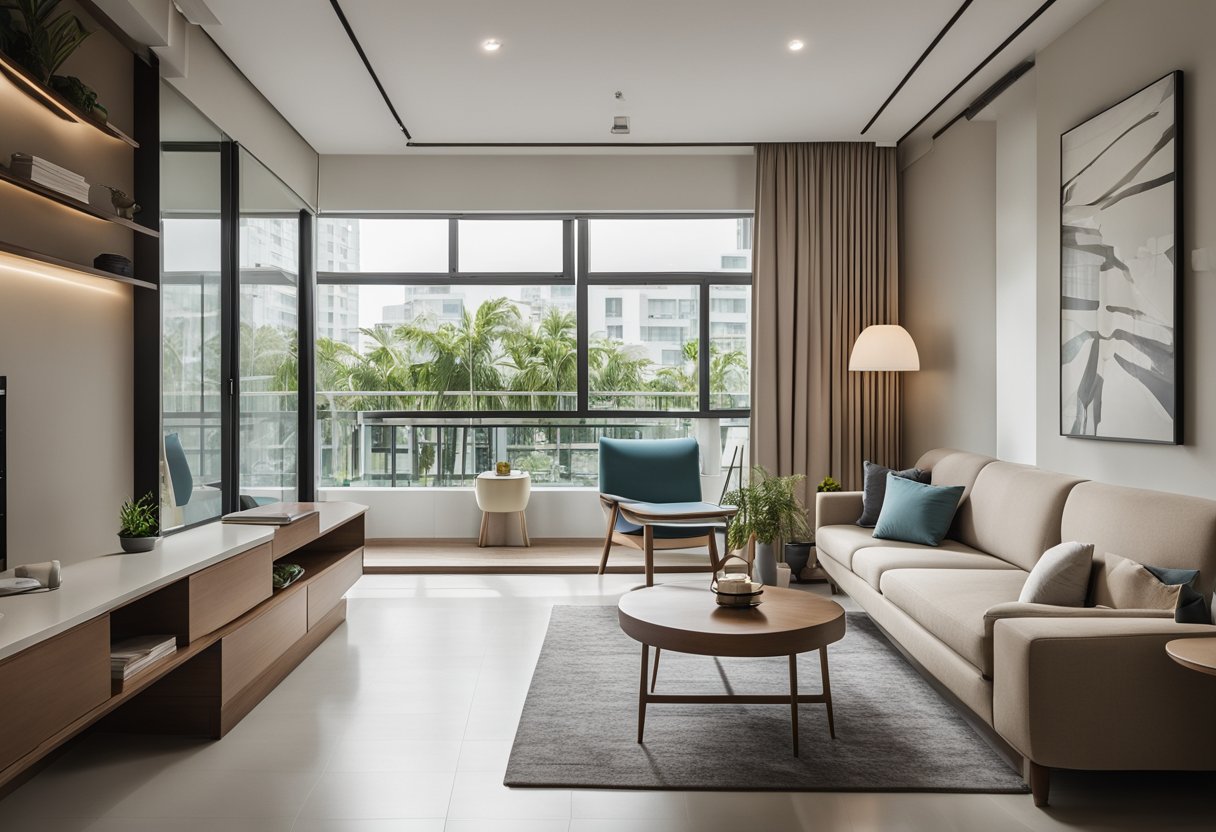A modern 2-bedroom HDB interior with sleek furniture, neutral color palette, and ample natural light