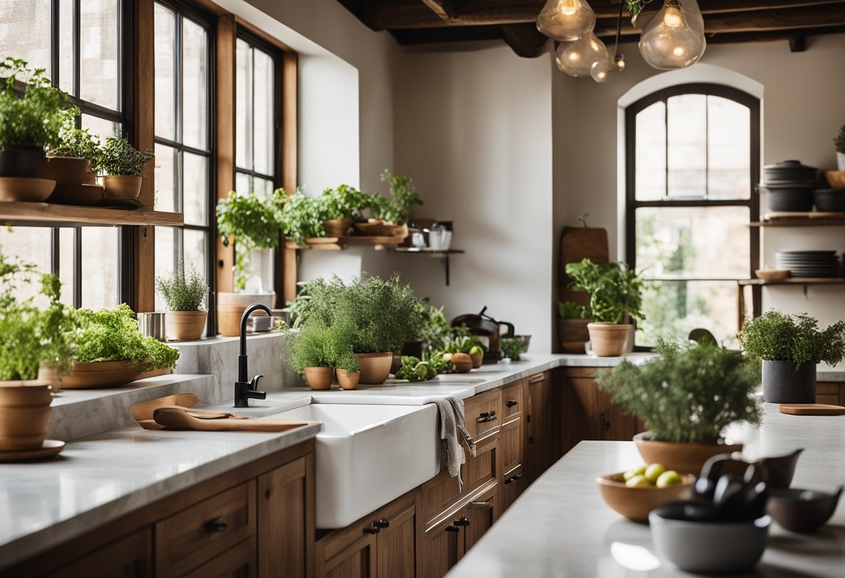 An open-concept Italian kitchen with marble countertops, rustic wooden cabinets, and a large farmhouse sink. The space is filled with natural light and adorned with fresh herbs and hanging pots and pans