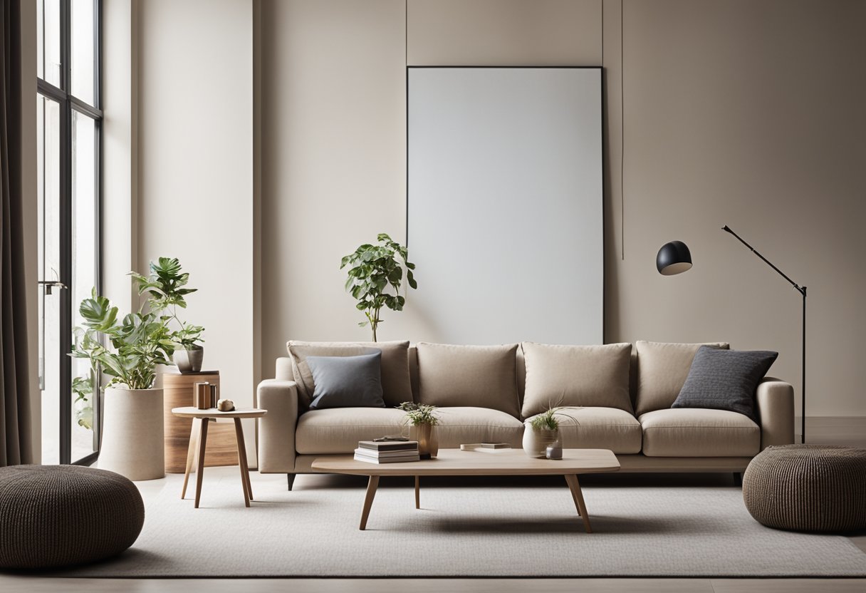 A minimalist living room with neutral colors, natural materials, and simple furniture arranged in a balanced and harmonious manner