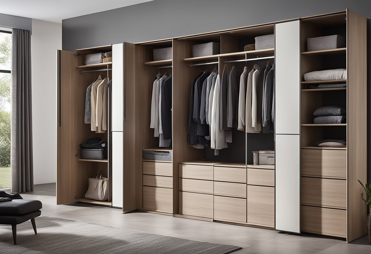 A spacious bedroom with a sleek, modern wardrobe featuring sliding doors, built-in shelves, and drawers. The wardrobe is neatly organized with hanging clothes and folded items, creating a sense of order and functionality