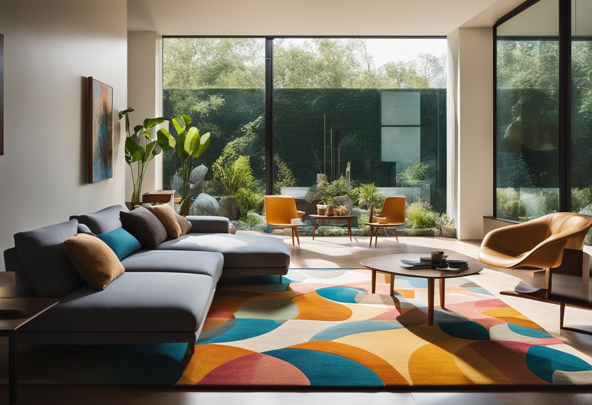 A sunlit room with modern furniture, abstract paintings, and a colorful rug. The walls are adorned with unique sculptures and a large window provides a view of a lush garden