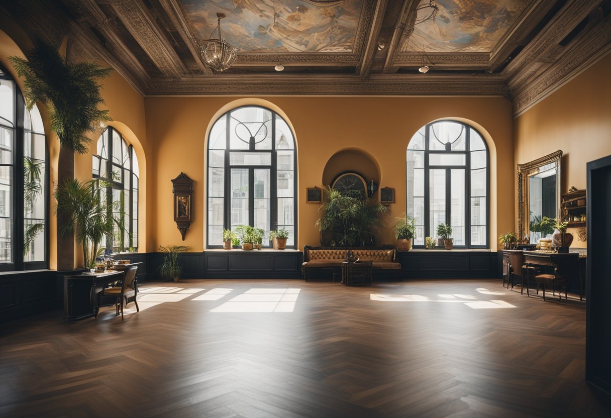 A spacious room with high ceilings and large windows, filled with carefully chosen furniture, vibrant colors, and unique art pieces