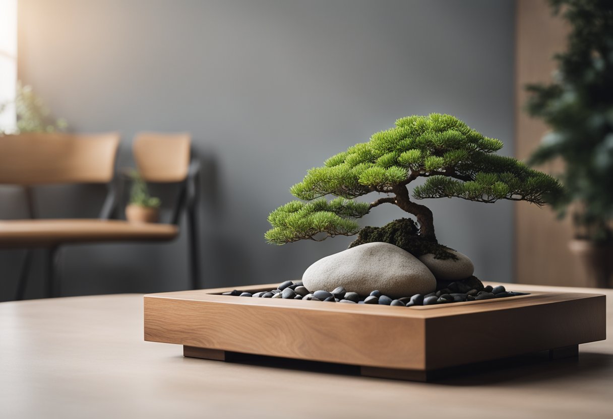 A minimalist room with natural materials, clean lines, and neutral colors. A low table with a simple arrangement of rocks and a bonsai tree