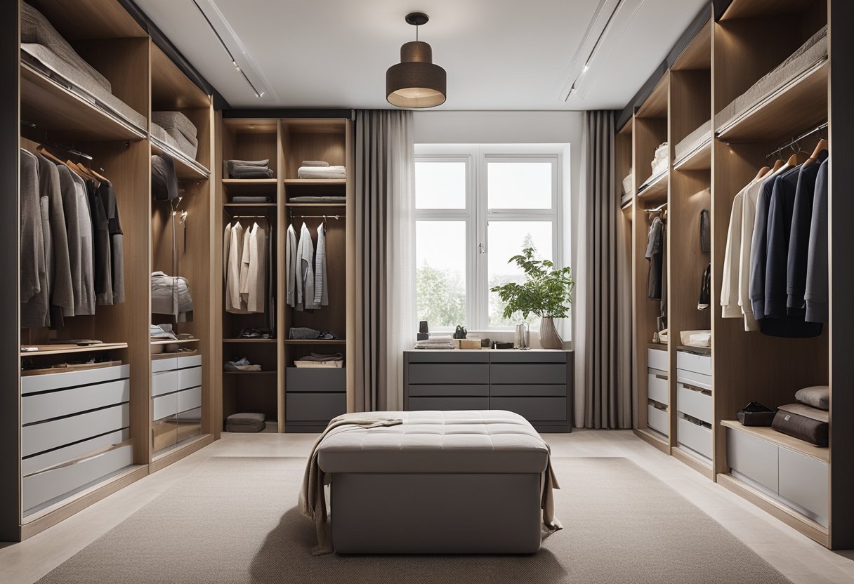 A spacious bedroom wardrobe with customised shelves and drawers, showcasing neatly arranged clothing and accessories