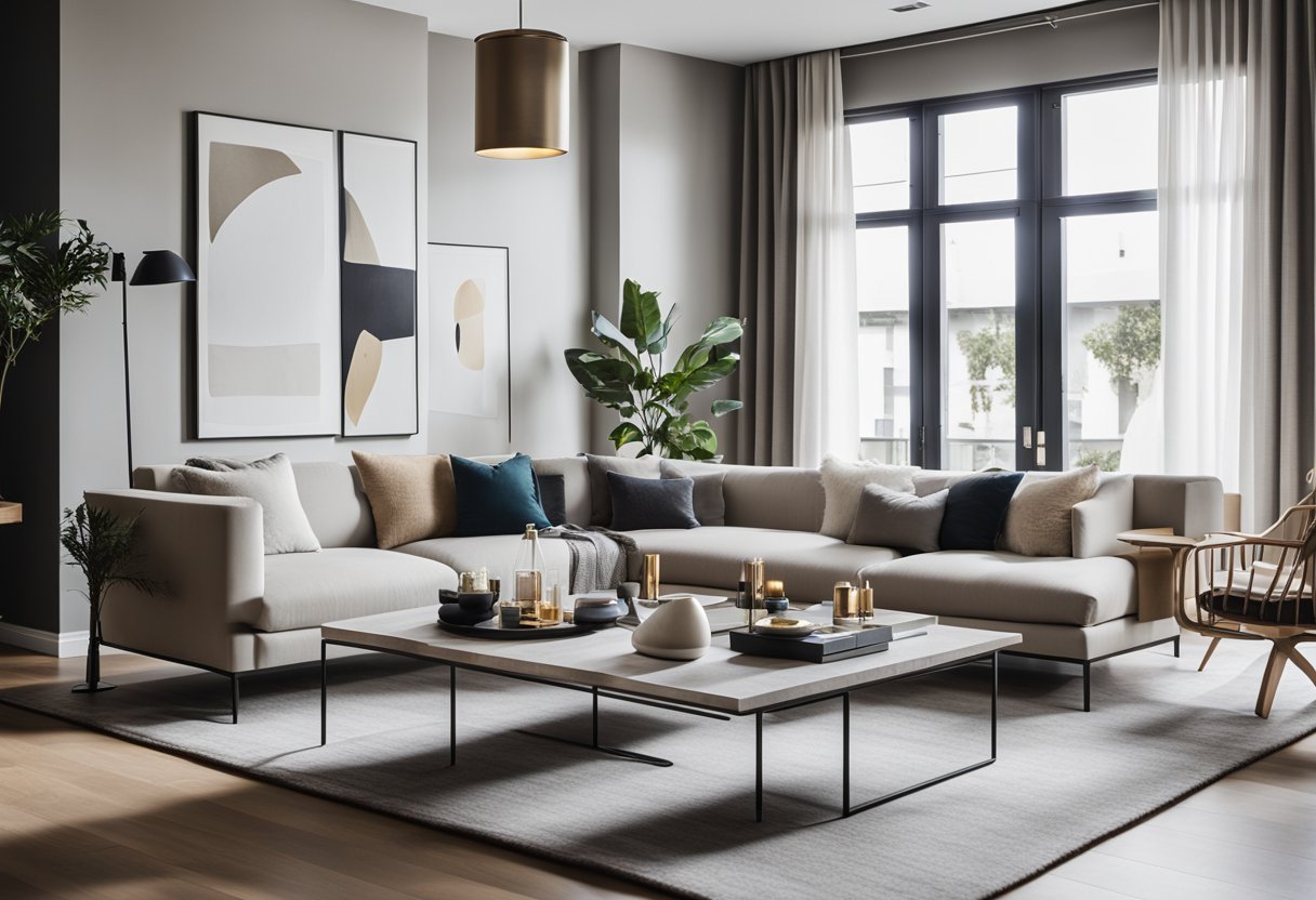 A sleek, open-concept living room with clean lines, neutral colors, and minimalistic furniture, accented by bold, abstract art and statement lighting